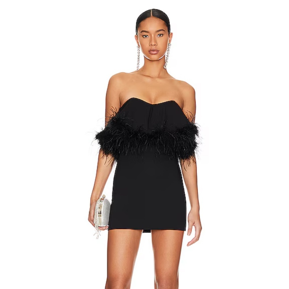 NBD Black Strapless Feather Trim Mini Dress